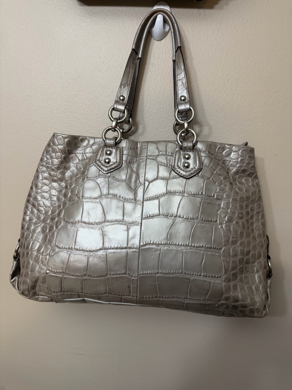 Coach Metallic Silver Croc-Embossed Tote#F20345
